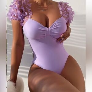 Butterfly Appliques Ruched One Piece Swimsuit - Liliac Purple size S - SHEIN